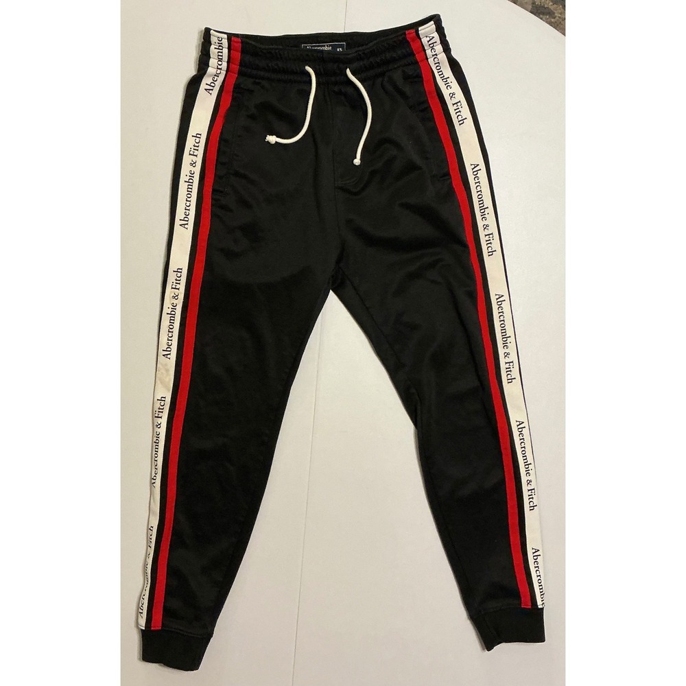 VTG Y2K Abercrombie Fitch Track Pants Black Logo‎ Tape Side Stripe Jogger Men XS